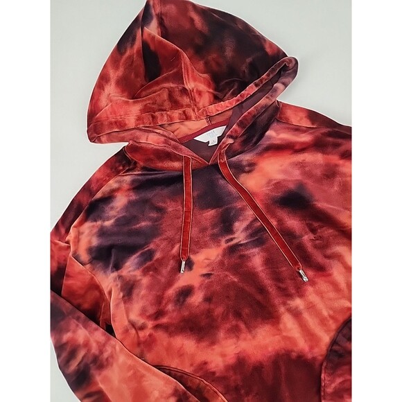 Velvet Velour Tie Dye Rust Red Pullover Hoodie Y2K Party Rave | Size Small - Picture 2 of 6
